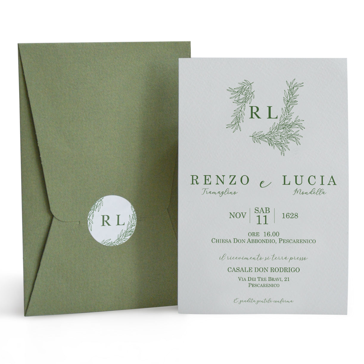 Partecipazione Matrimonio elegante verde salvia decori stilizzati fior –  Inviti Design