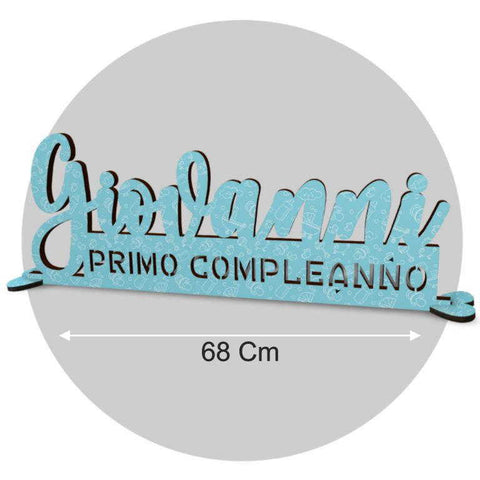 Scritta in legno colorata per Primo Compleanno con base cm 68 cod. FWP-L 05 Scritta in legno colorata per Primo Compleanno con base cm 68 cod. FWP-L 05