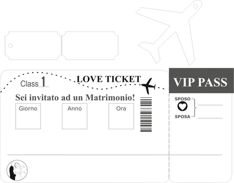Partecipazione di nozze modello 'biglietto aereo' con cordoncino bianco e nero f1500