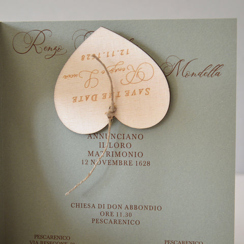 Partecipazione Matrimonio tag cuore in legno - Codice F1689
