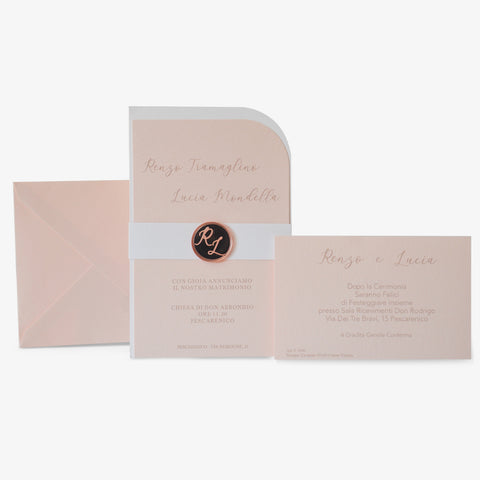 Partecipazione Matrimonio rosa con tag in plexiglass - Codice F1690