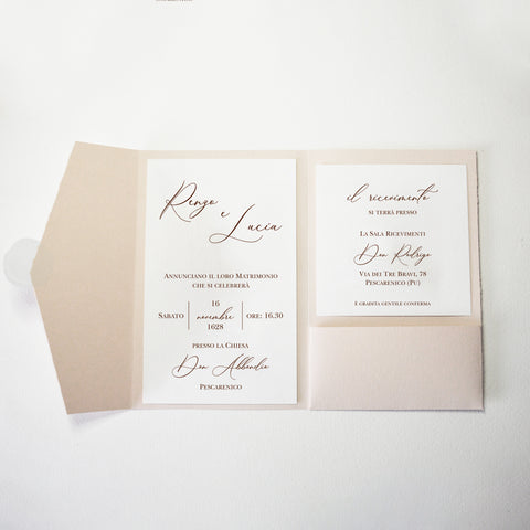 Partecipazione Matrimonio rettangolare Elegante con  Cover Cipria modello Pocketfold   - Codice F1765