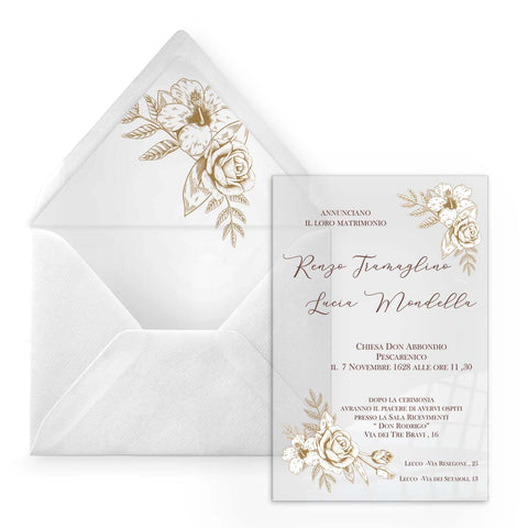 Partecipazione di nozze in plexiglass trasparente rettangolare con rose color oro cod. FPLEX24