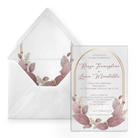 Partecipazione di nozze in plexiglass trasparente rettangolare  con foglie rosa antico cod. FPLEX29