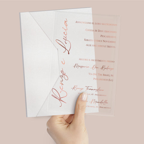 Partecipazione Matrimonio in plexiglass trasparente stampa oro rosa in rilievo Plex64