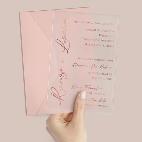 Partecipazione Matrimonio in plexiglass opaco stampa oro rosa in rilievo Plex65