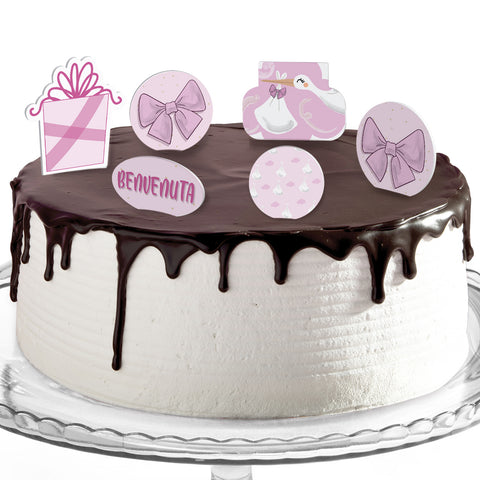 Decorazioni torte compleanno tema cicogna bimba Modello codice: PB 42 –  Inviti Design