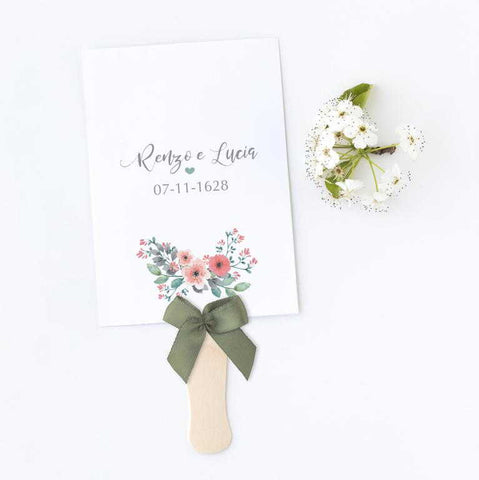 Ventagli in cartoncino stampato e personalizzato con grafica della partecipazione matrimonio cod F1608
