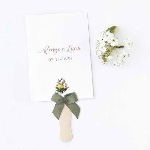 Ventagli in cartoncino stampato e personalizzato con grafica della partecipazione matrimonio cod F1612