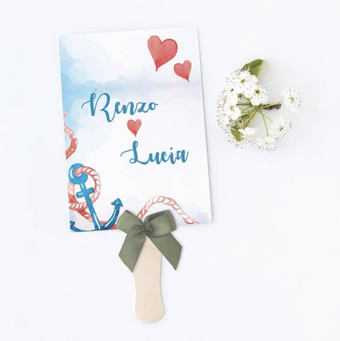 Ventaglio in cartoncino stampato e personalizzato con grafica della partecipazione matrimonio cod F1621