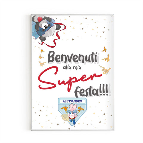 Cartellone benvenuto Welcome festa di compleanno tema super eroi bunny Modello codice: PB 11 C