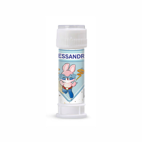 Etichette bolle di sapone personalizzate compleanno tema super eroi bunny Modello codice: PB 11 D