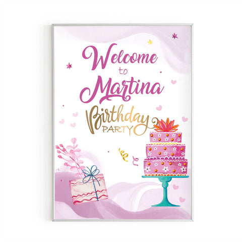 Cartellone benvenuto Welcome festa di compleanno tema fucsia e oro Modello codice: PB 21 C