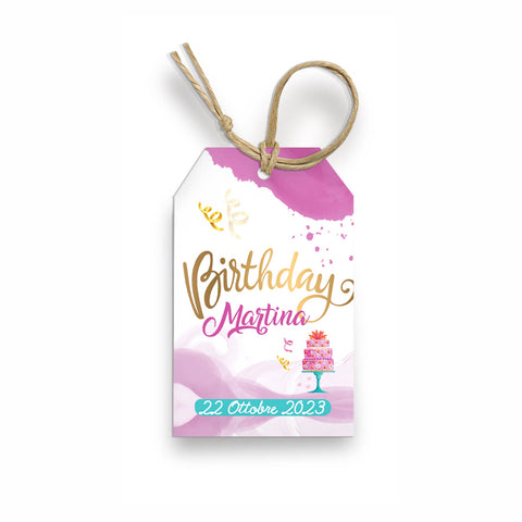 Tag bigliettini per compleanno articolo tema fucsia e oro Modello codice: PB 21 S