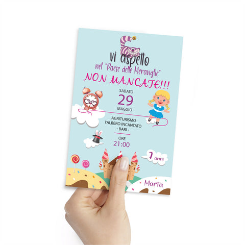 Biglietto invito compleanno tema alice nel paese delle meraviglie Modello codice: PB 22 O