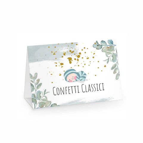 Segnagusto confetti e dolci festa di compleanno tema battesimo foglie verdi e oro Modello codice: PB 34 E