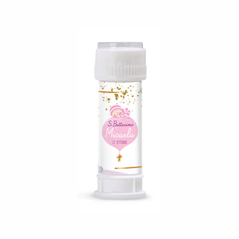 Etichette bolle di sapone personalizzate compleanno tema battesimo foglie rosa e oro Modello codice: PB 35 D