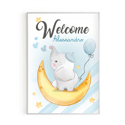 Cartellone benvenuto Welcome festa di compleanno tema elefantino celeste Modello codice: PB 46 C