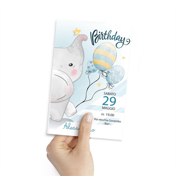 Biglietto invito compleanno tema elefantino celeste Modello codice: PB – Inviti  Design