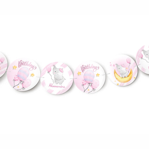 Festone compleanno personalizzato tema elefantino rosa Modello codice: PB 47 N