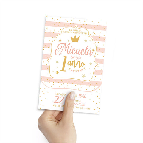 Biglietto invito compleanno tema principessa rosa e oro Modello codice: PB 7 O